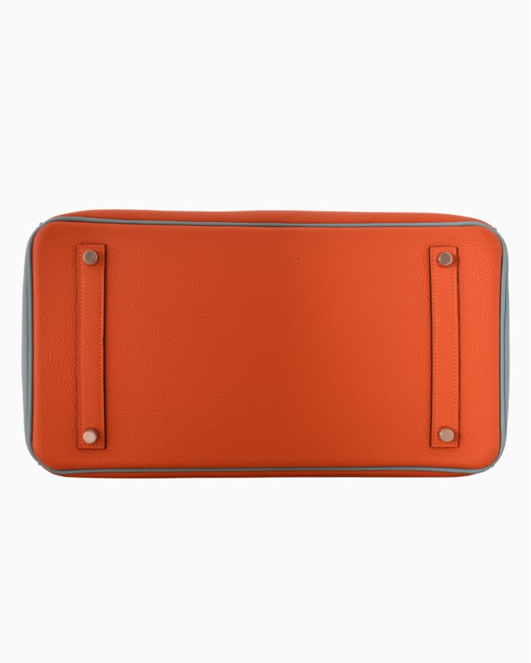 Bolsa Hermès Original Horseshoe Birkin 35 Clemence Laranja e Azul